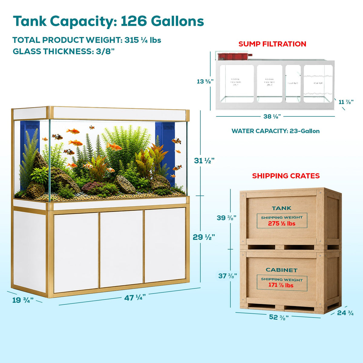 Aqua Dream 135 Gallon Tempered Glass Aquarium White and Gold