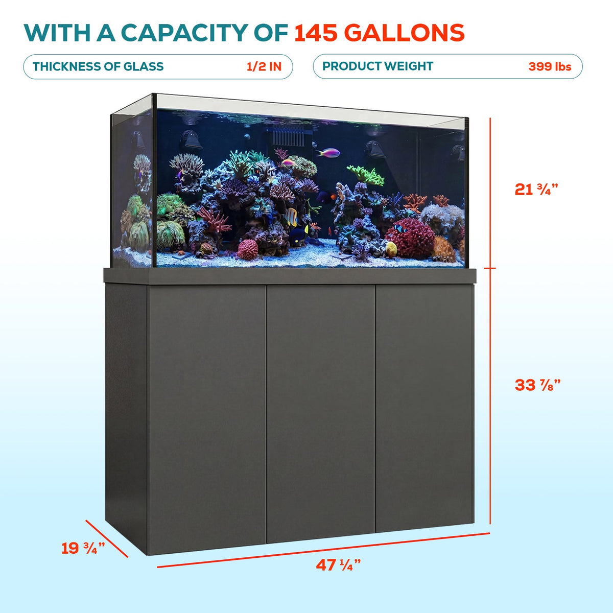 145 Gallon Coral Reef Fish Tank Complete Reef Aquarium Set including Two Coral lights & one Protein Skimmer