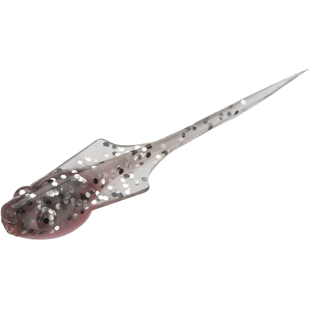 Clear soft plastic fishing lure shaped like a small fish with a long tail, named 13 Fishing Madpole, featuring black and silver glitter specks for attracting fish.
