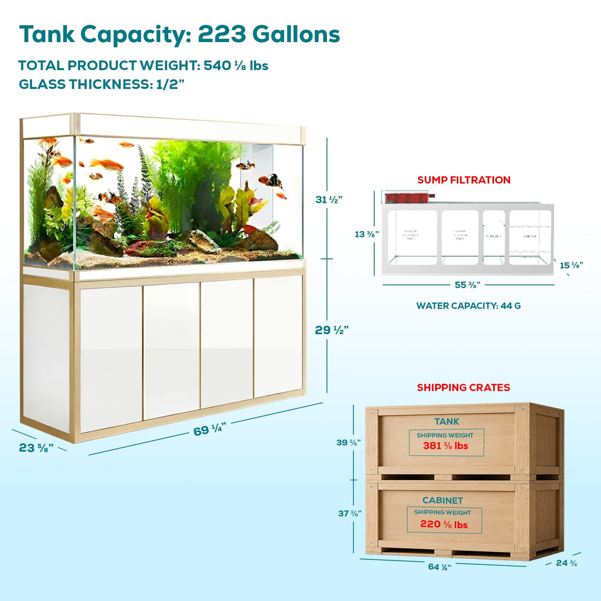 Aqua Dream 220 Gallon Tempered Glass Aquarium White and Gold
