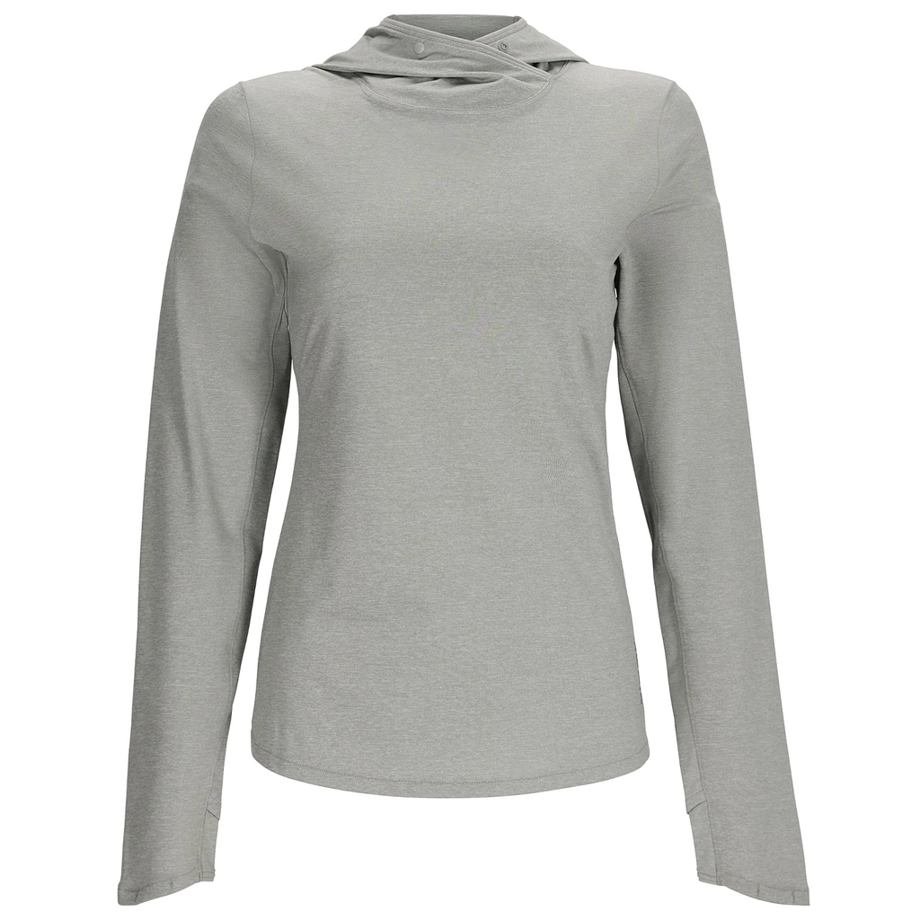 Simms SolarFlex Hoody - Women's in light gray, featuring long sleeves, a lightweight breathable fabric, and an adjustable hood designed for outdoor fishing and active use.