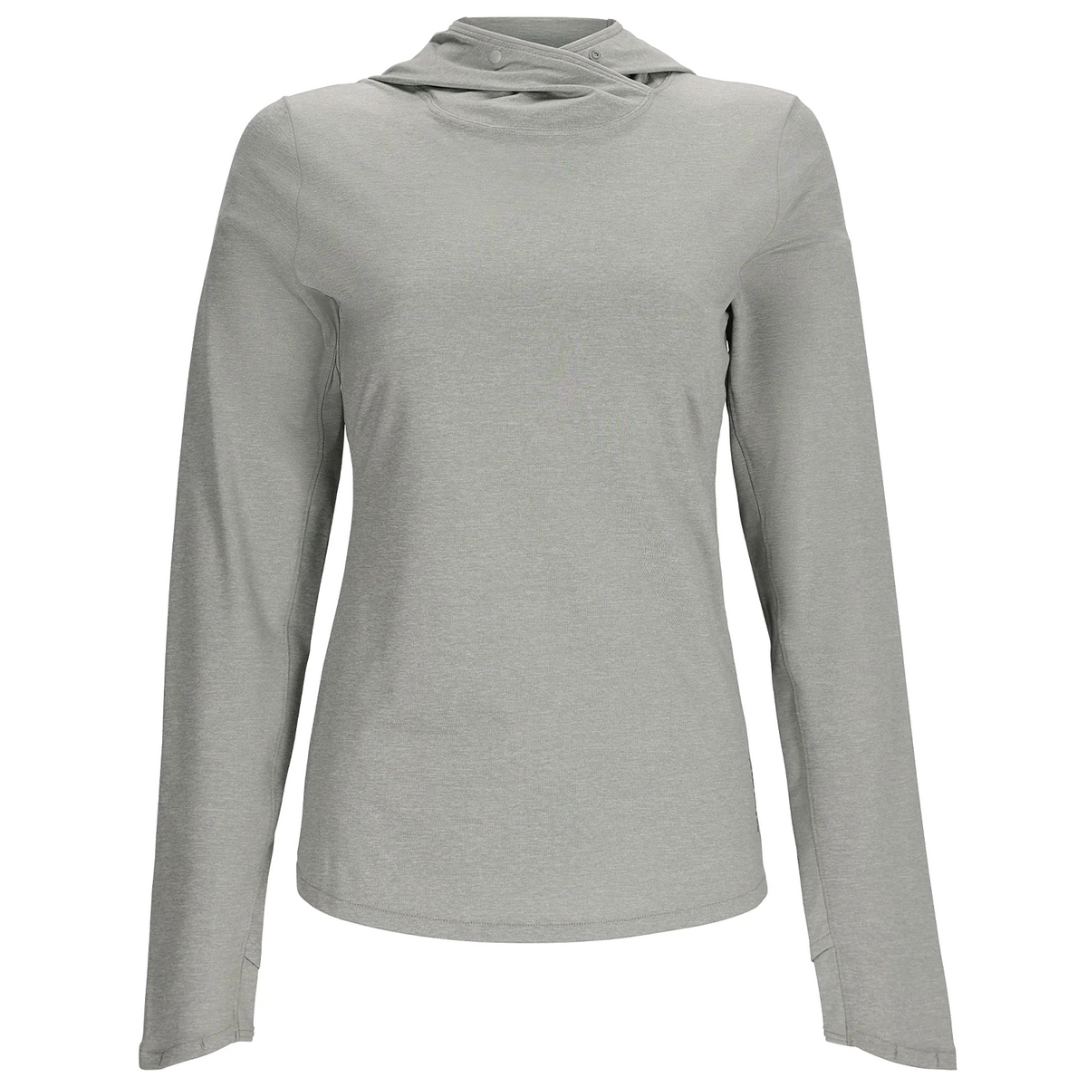 Simms SolarFlex Hoody - Women's in light gray, featuring long sleeves, a lightweight breathable fabric, and an adjustable hood designed for outdoor fishing and active use.