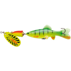 Blue Fox Vibrax - Chaser fishing lure featuring a vibrant green and yellow fish-shaped body with black stripes, an attached yellow and orange spinner blade, and treble hooks.