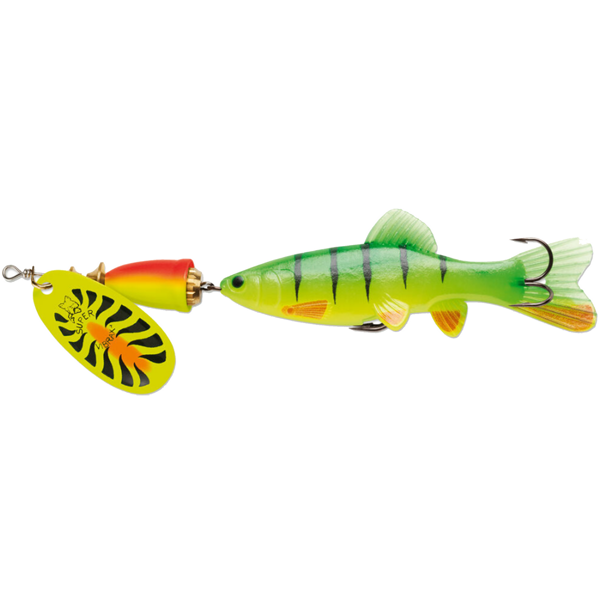 Blue Fox Vibrax - Chaser fishing lure featuring a vibrant green and yellow fish-shaped body with black stripes, an attached yellow and orange spinner blade, and treble hooks.