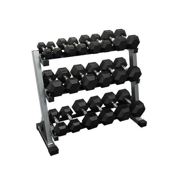 Muscle Motion 2.5kg - 25kg (10 pair) Rubber Hex Dumbbell Set with 3 Tier Rack