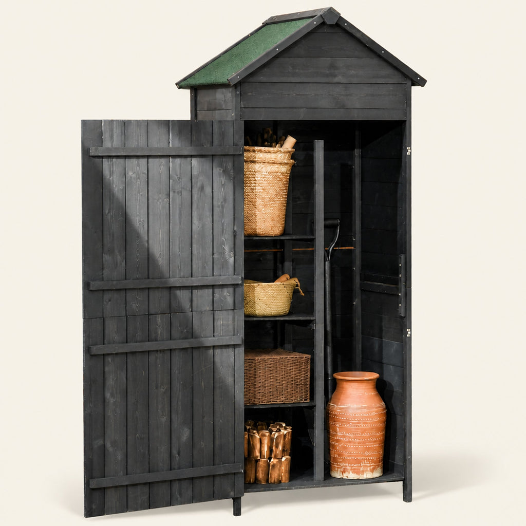 ROWAN Wooden Storage Shed with Lockable Double Doors & Shelves, Grey