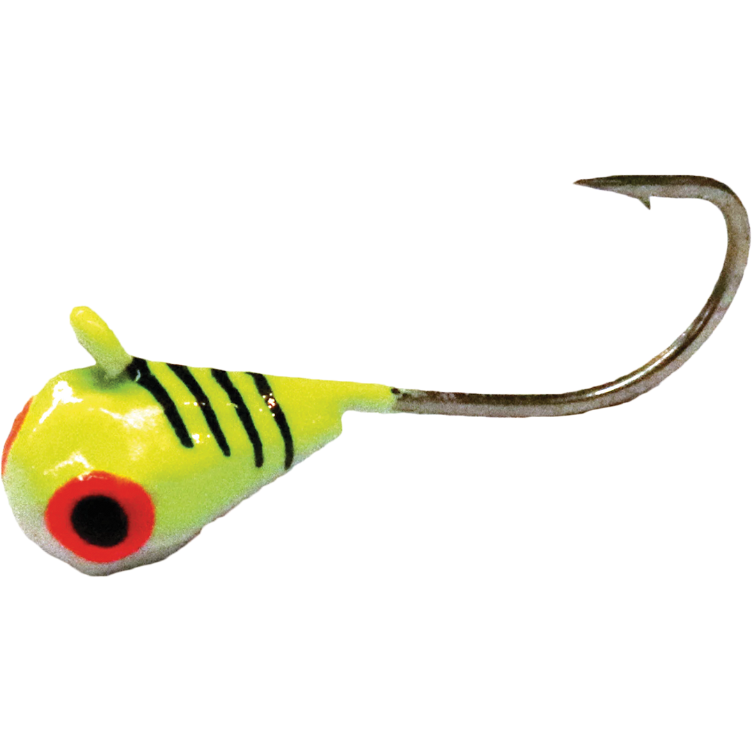 JB Lures Dub'l D bright yellow and green fishing lure with black stripes, a red and black eye design, and a sharp metal fishing hook for musky fishing tackle.