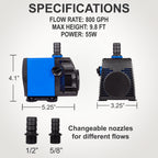 Pond Pump 800 GPH Adjustable Submersible Fountain Pond Aquarium Water Pump 15’ SJTW