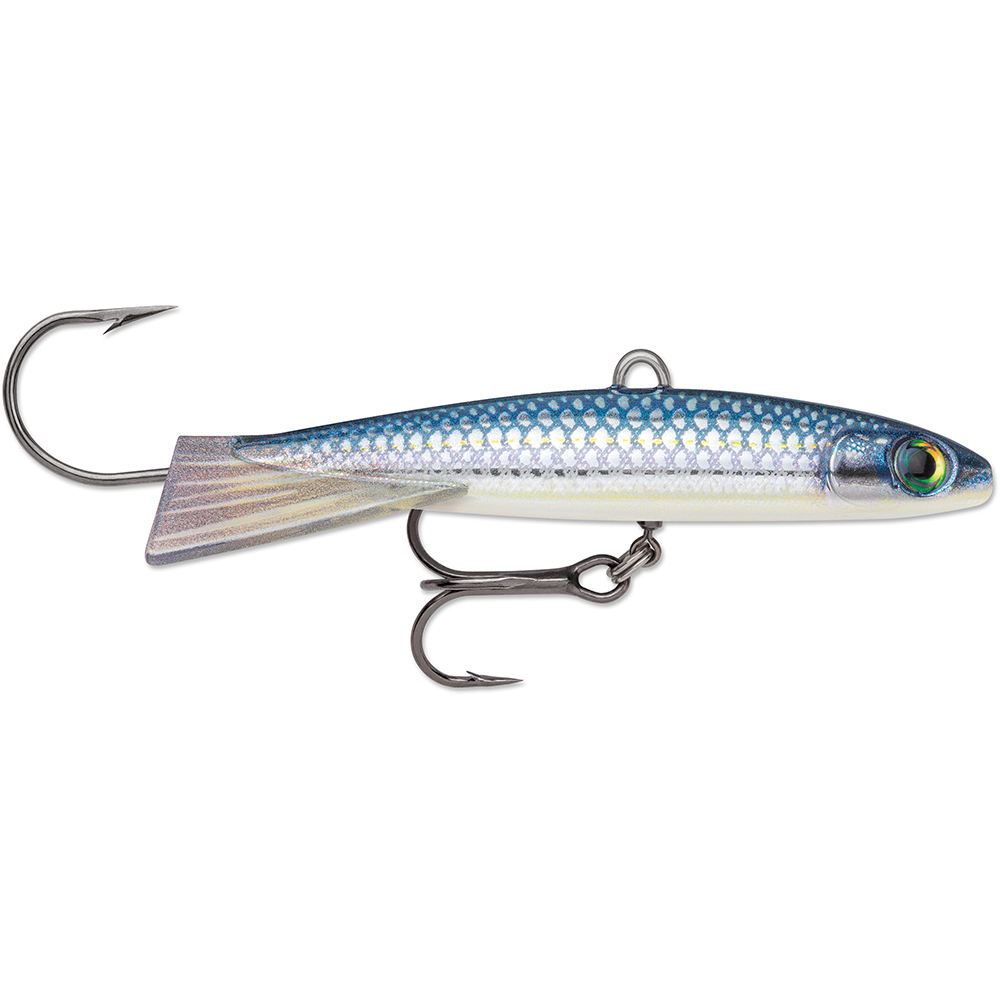 Rapala Jigging Rap - Magnum fishing lure with blue and silver reflective body, featuring large treble and single hooks designed for effective fishing tackle use.