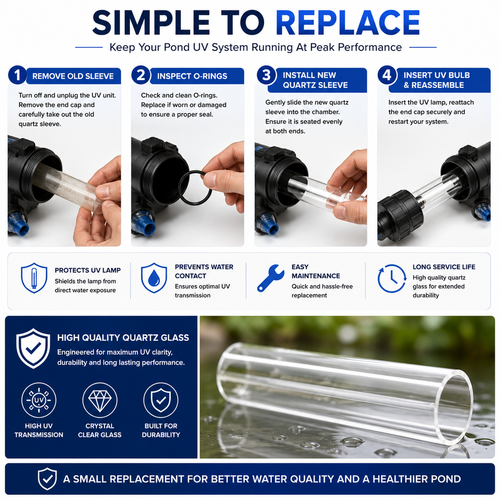 Aquacadabra Pisces UV Quartz Sleeve Replacement Glass Tube fit TMC Pond Clear