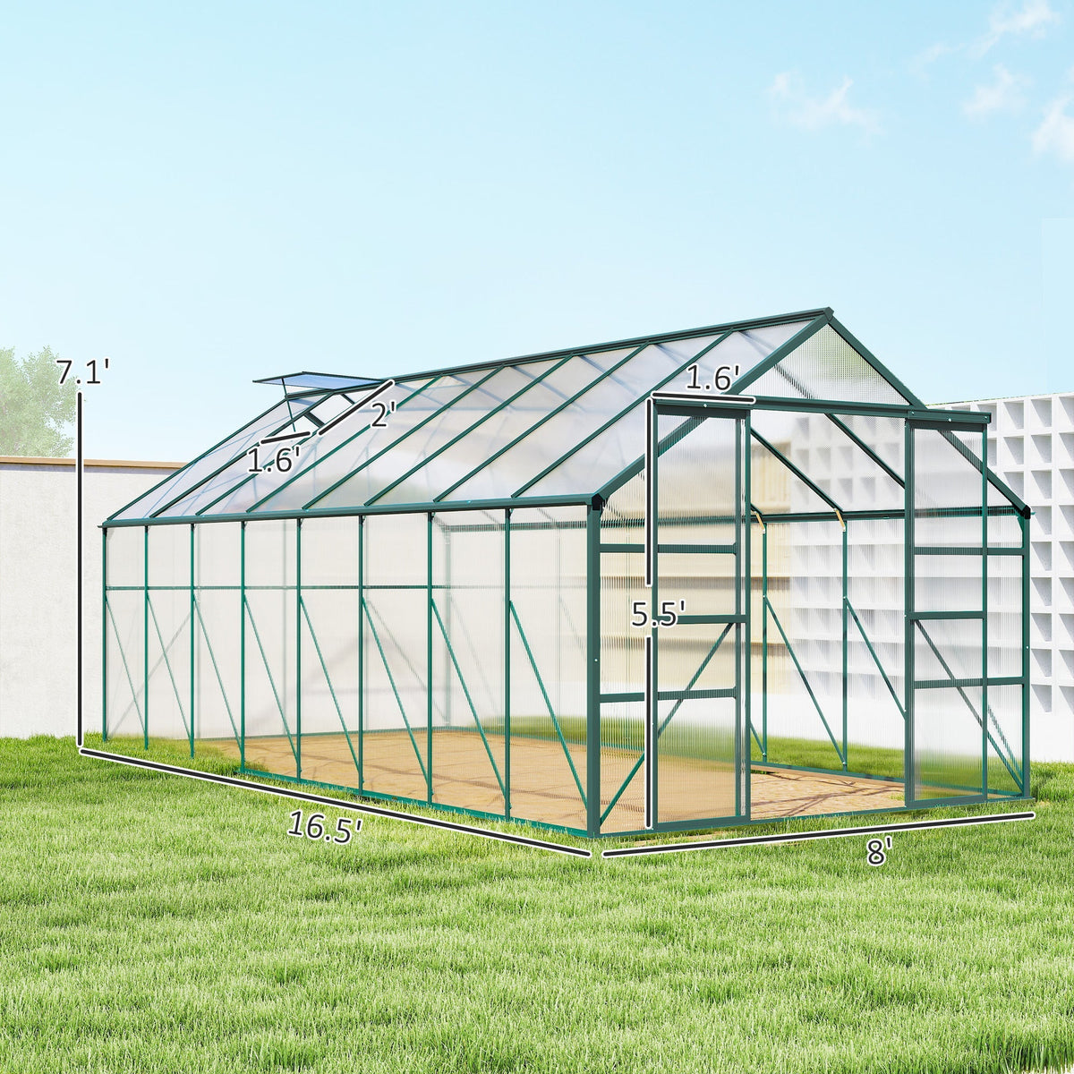 BloomGreen 16' x 8' Greenhouse with Roof Vent and Sliding Door Green