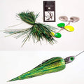 Drop Tine Triple Deuce 1.5 oz. fishing lure in green and yellow with metallic spinner blades and a detailed fish head, designed for musky fishing tackle.