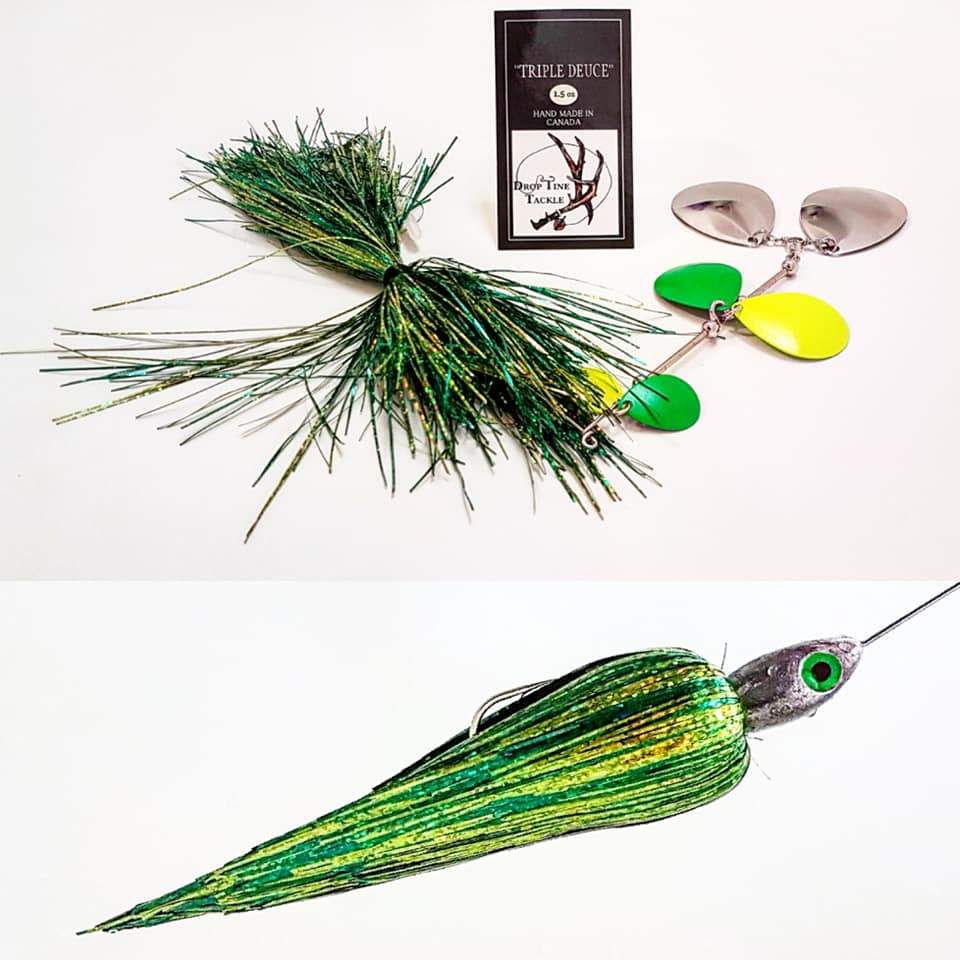 Drop Tine Triple Deuce 1.5 oz. fishing lure in green and yellow with metallic spinner blades and a detailed fish head, designed for musky fishing tackle.