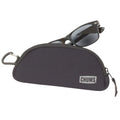 Chums Shade Shelter soft black protective case with zipper and carabiner clip, holding a pair of black framed sunglasses.