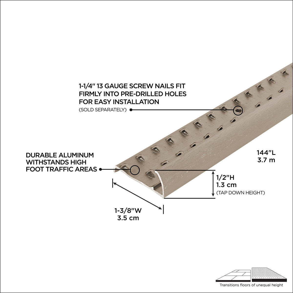 1-3/8 In. X 144 In. Aluminum Carpet Gripper w/ Teeth Hammered