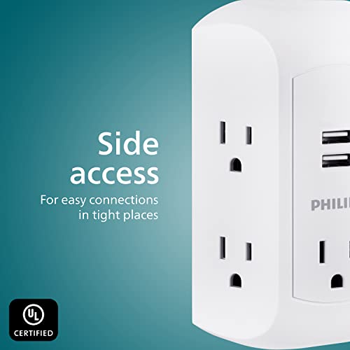 Philips 5-Outlet Extender, Grounded Wall Tap, 3-Prong, 2 USB-A - size: 1 Pack, style: 5 Outlet | 2 USB-A | Surge
