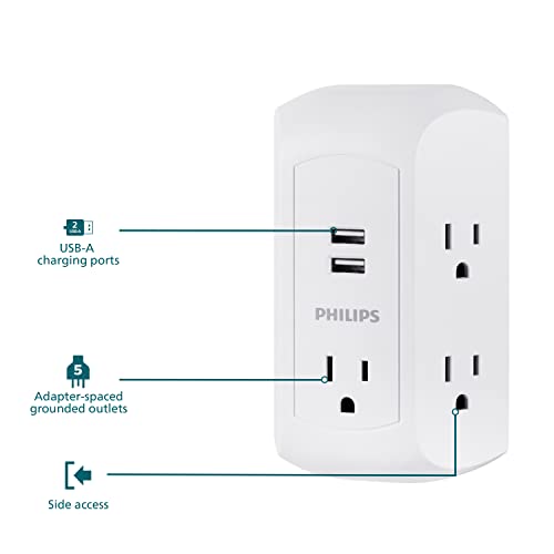 Philips 5-Outlet Extender, Grounded Wall Tap, 3-Prong, 2 USB-A - size: 1 Pack, style: 5 Outlet | 2 USB-A | Surge