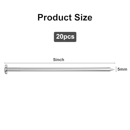 VGBUY 20PCS Stainless Steel Hardware Nails, 5 Inch Flat Head Nails for Hanging Pictures, Picture Hanging Nails, Long Nails, Wall Nails, Wood Nails, Finishing Nails - color: Silver, size: 5 Inch