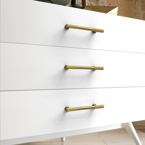 10 Pack Vibrant Brushed Moderne Brass Cabinet Pulls 3 Inch(76mm) Heavy-Duty Solid Kitchen Cabinet Handles Cabinet Hardware Drawer Pulls - color: Vibrant Brushed Moderne Brass, size: 3" Hole Center