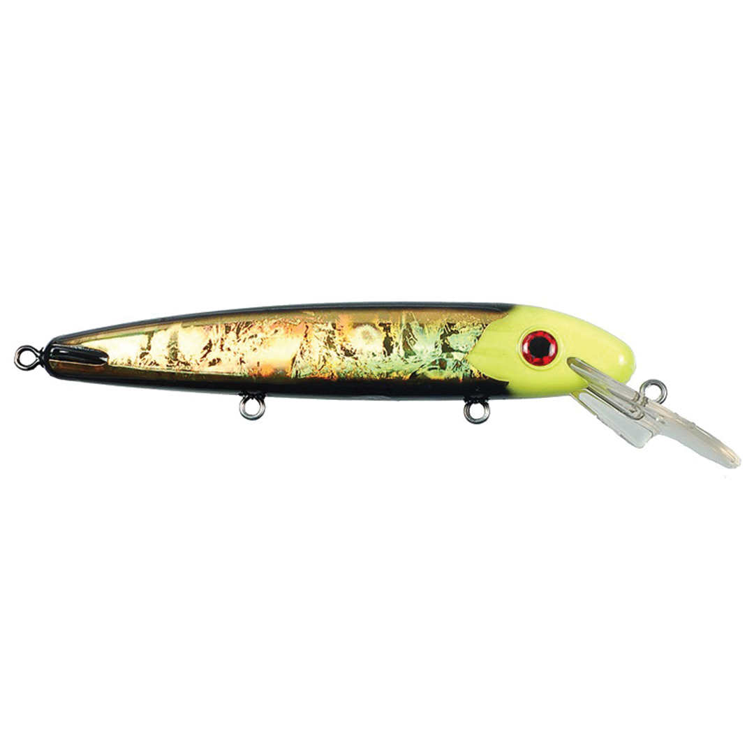 ERC Triple D fishing lure with a reflective gold and black body, yellow head, and red eye, designed for attracting musky and other large fish.