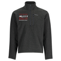 Dark gray quarter-zip pullover with a high collar, featuring the Simms logo on the chest and Thorne Bros. custom rod and tackle logo with a fish graphic on the left side, designed for fishing enthusiasts. Simms Thorne Bros. Logo Rivershed-Half Zip.