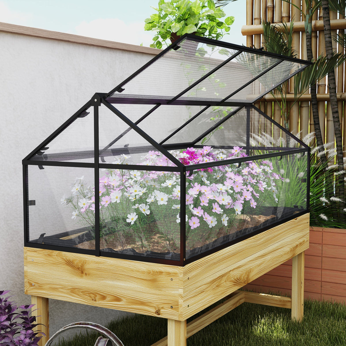 NookGrow Raised Garden Bed with Cold Frame Greenhouse Polycarbonate Panel and Top Vent, Natural