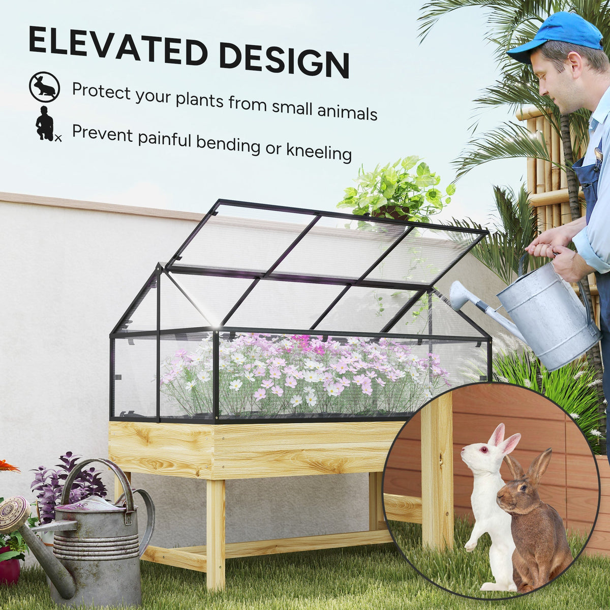 NookGrow Raised Garden Bed with Cold Frame Greenhouse Polycarbonate Panel and Top Vent, Natural
