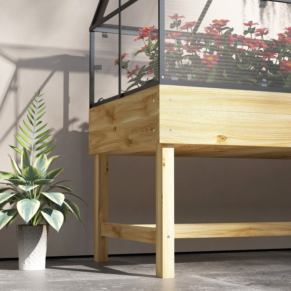 NookGrow Raised Garden Bed with Cold Frame Greenhouse Polycarbonate Panel and Top Vent, Natural