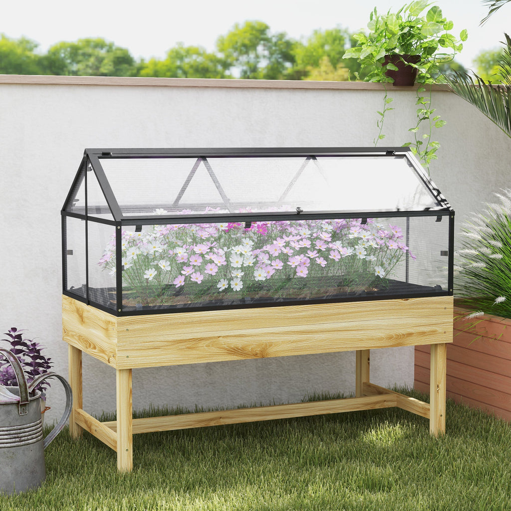 NookGrow Raised Garden Bed with Cold Frame Greenhouse Polycarbonate Panel and Top Vent, Natural