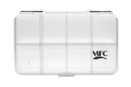 Clear transparent plastic fishing tackle box with eight compartments and the MFC logo, designed for organizing fishing lures and gear, called MFC Clearwater Fly Box.