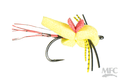 Maddin's Gill Scorpion #10 fishing lure with bright yellow foam body, red accent wings, black and yellow striped legs, and pink rubber tail strands designed for musky fishing.