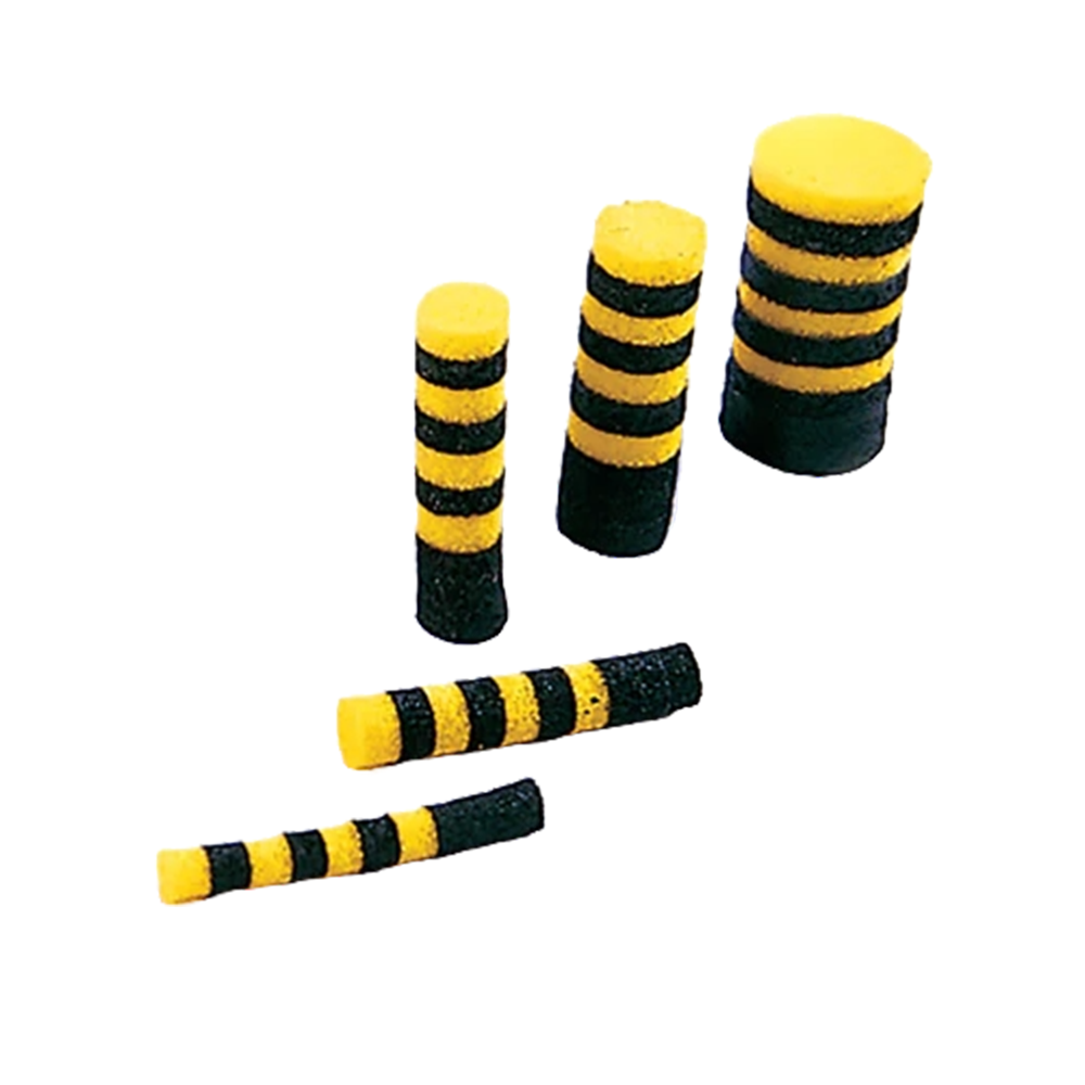 Five yellow and black striped cylindrical foam fishing lures of varying sizes, designed as Rainy's Bee/Wasp Foam for fishing tackle use.