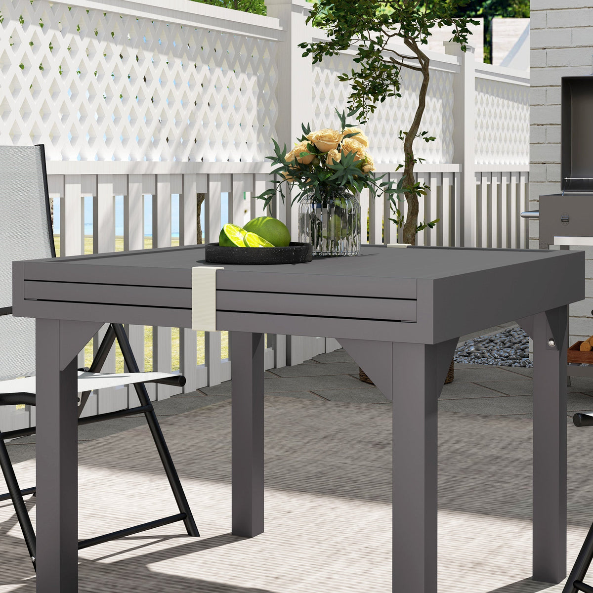 35"-71"  Extendable Aluminium Outdoor Dining Table w/ Slatted Top for 4-6 Person, Grey