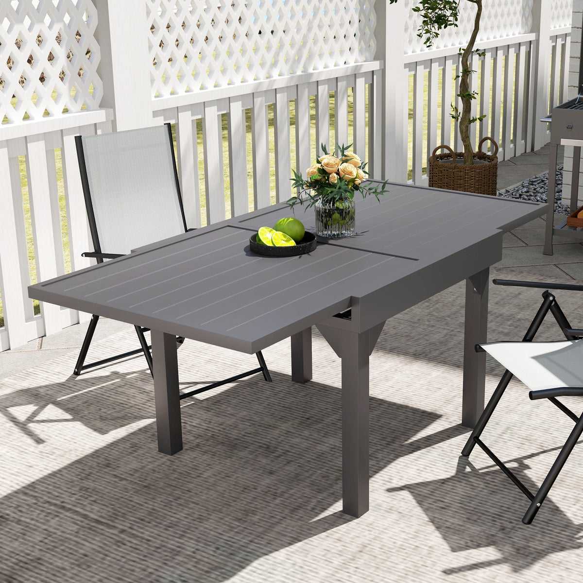35"-71"  Extendable Aluminium Outdoor Dining Table w/ Slatted Top for 4-6 Person, Grey