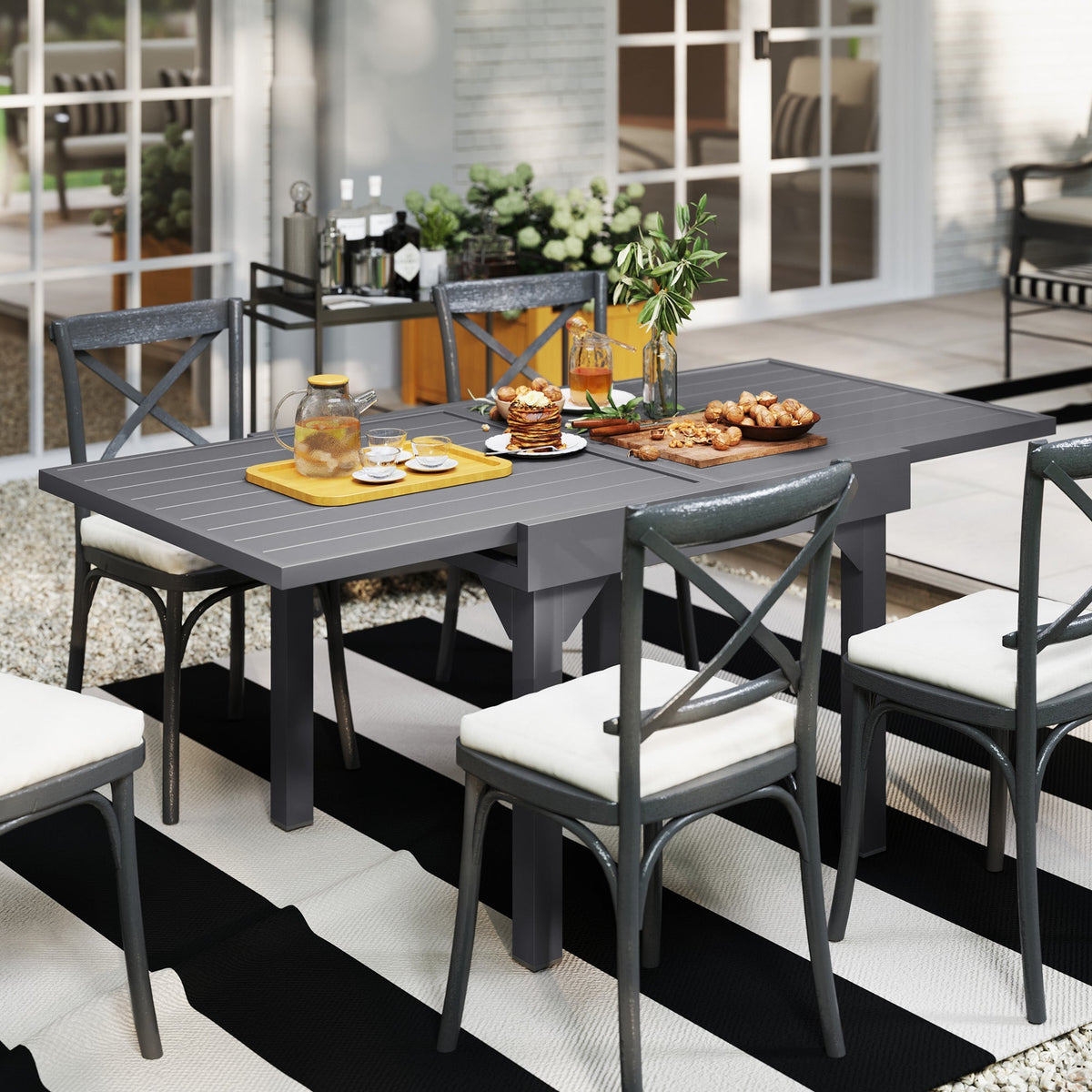 35"-71"  Extendable Aluminium Outdoor Dining Table w/ Slatted Top for 4-6 Person, Grey
