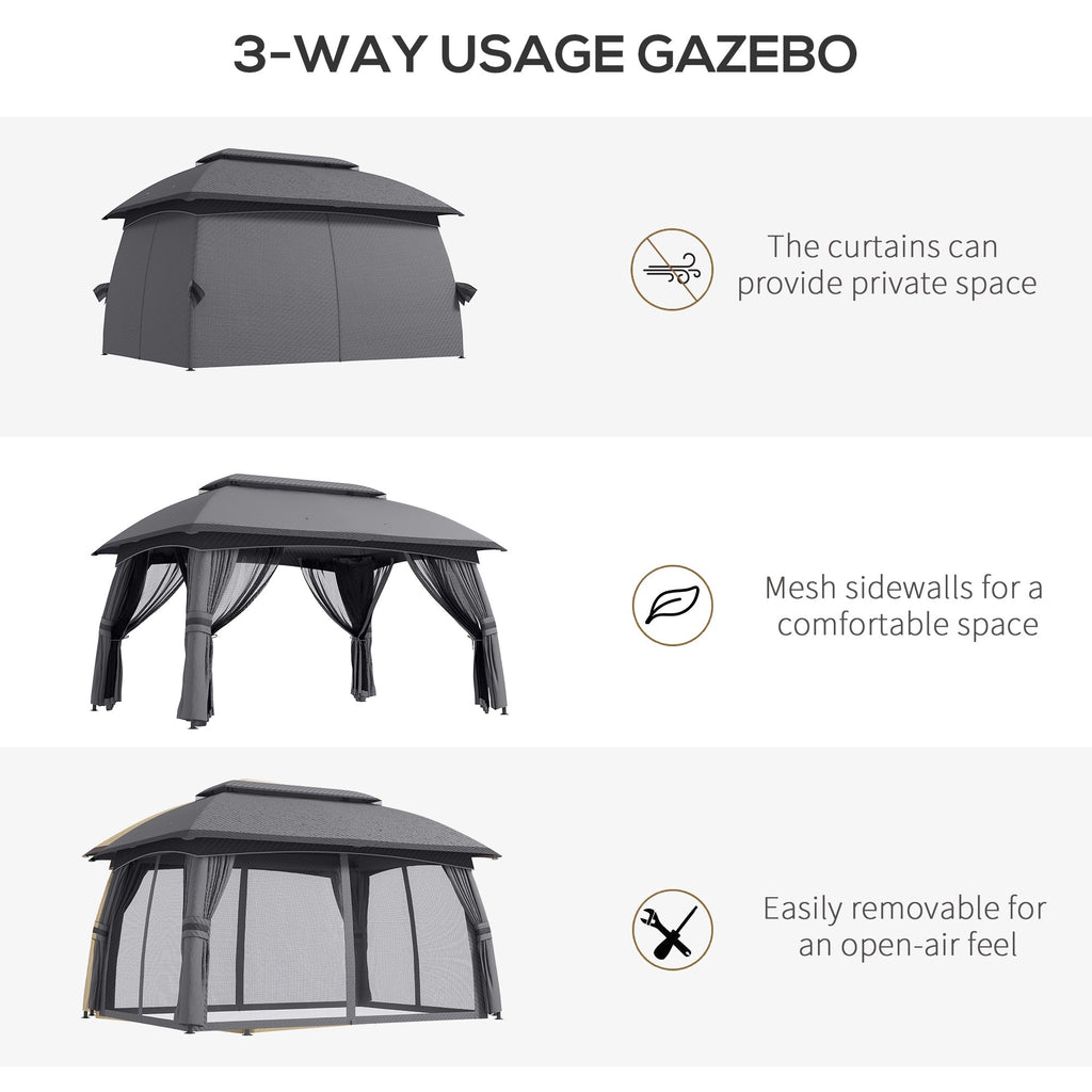 10' x 13' Patio Gazebo with Netting, Curtains & Vented Roof, Dark Gray