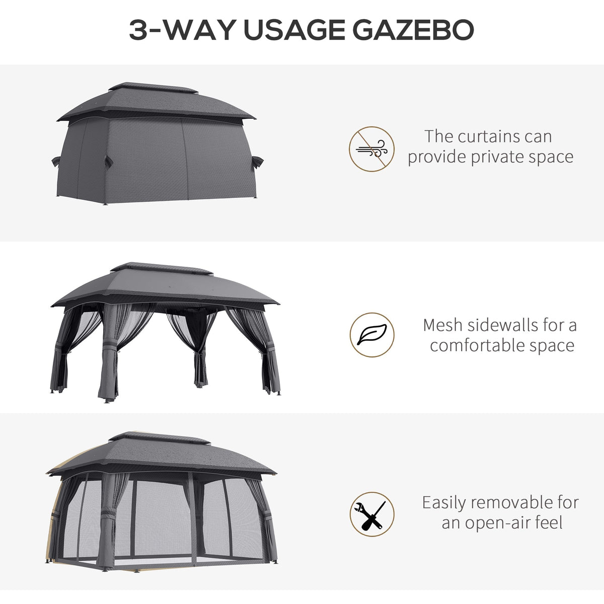 10' x 13' Patio Gazebo with Netting, Curtains & Vented Roof, Dark Gray