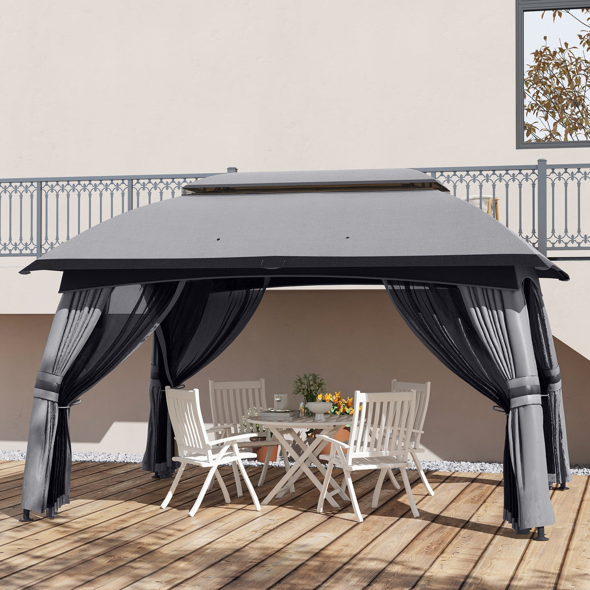 10' x 13' Patio Gazebo with Netting, Curtains & Vented Roof, Dark Gray