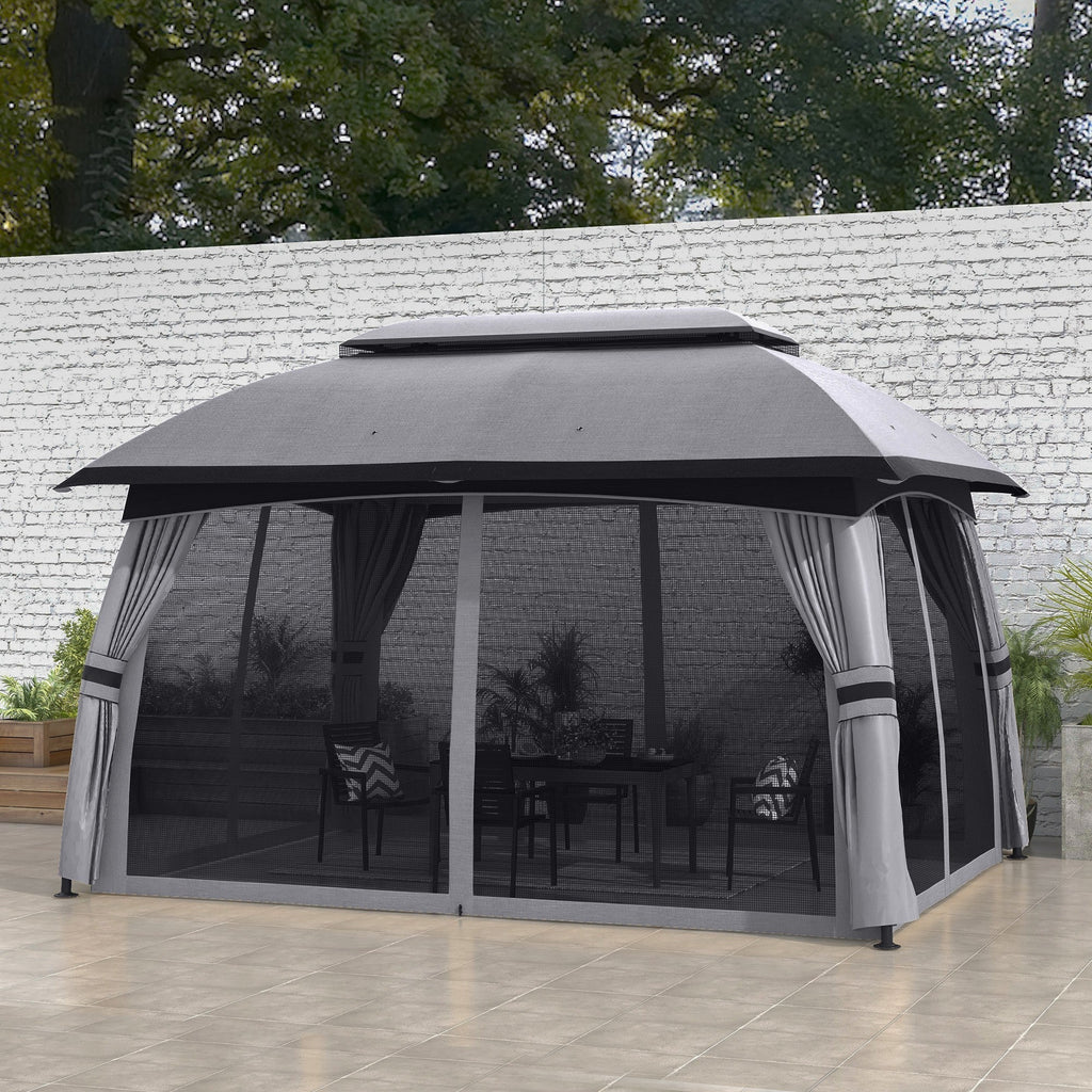 10' x 13' Patio Gazebo with Netting, Curtains & Vented Roof, Dark Gray