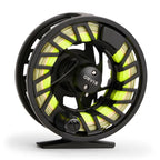 Orvis Clearwater Fly Reel in black with neon yellow fishing line, designed for smooth casting and durability, featuring a solid frame and ergonomic handle for fly fishing.