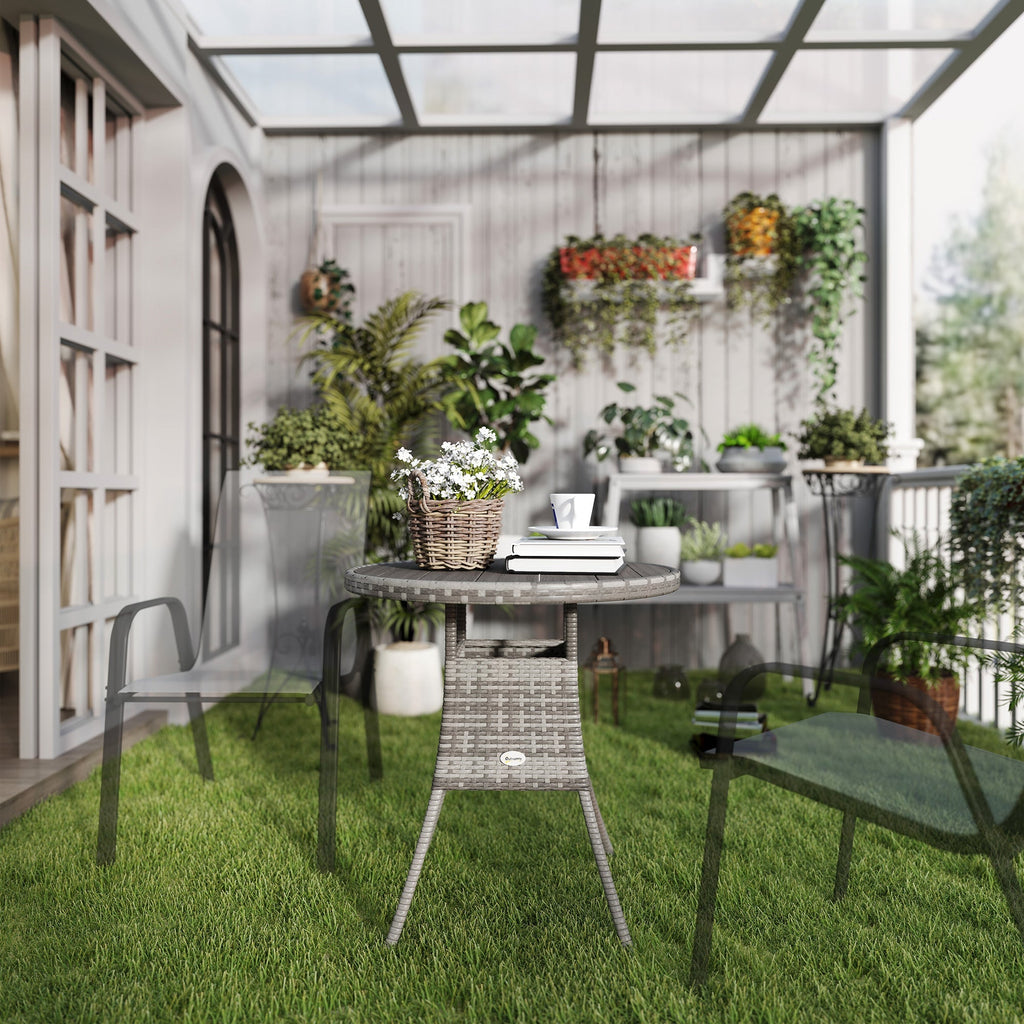 70 cm Rattan Patio Dining Table with Wood-plastic Composite Top for Balcony, Garden, Grey