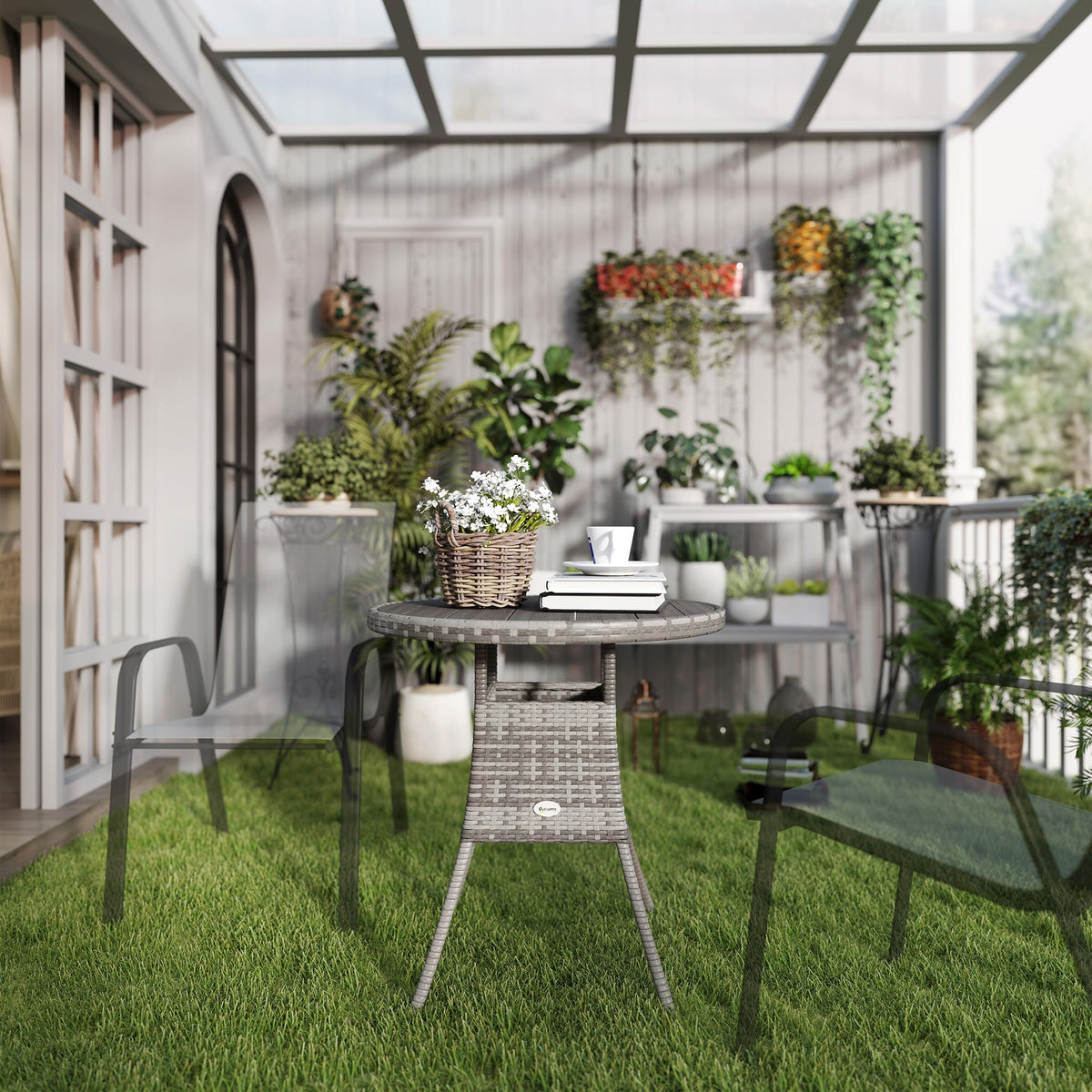 70 cm Rattan Patio Dining Table with Wood-plastic Composite Top for Balcony, Garden, Grey