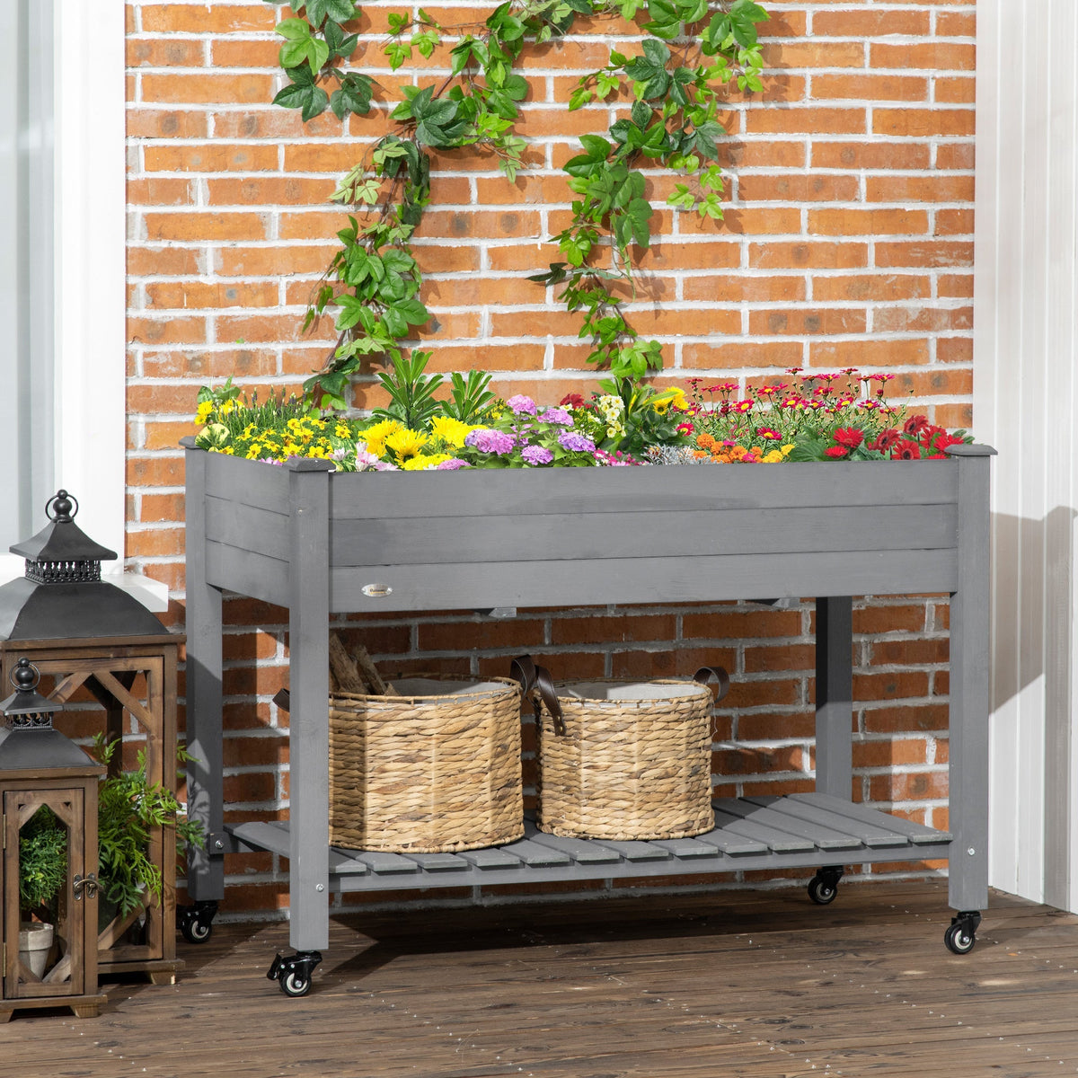 Raised Garden Bed with Lockable Wheels & Shelf, Dark Grey