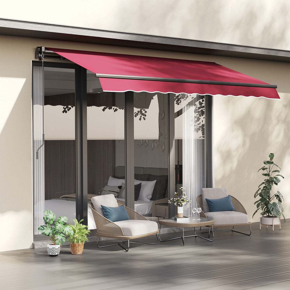 10' x 8' Manual Crank Retractable Awning, UV/Water-Resistant Sun Shelter, Wine Red