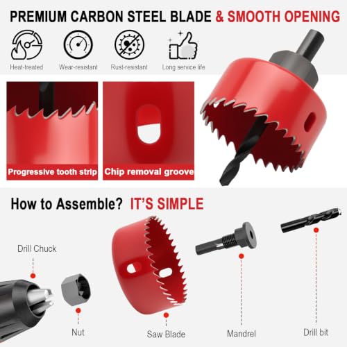 7-Piece Hole Saw Kit with Mandrel for Softwood and PVC - color: 7pc red
