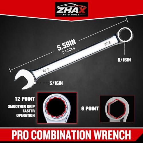 zhax 5/16" SAE Metric Combination Wrench, 12 Point Box End, 15 Degree Offset Design, Mirror Polish Finish, Forged CR-V Steel, Hand Tools for Mechanics, Ideal for Auto and Home Repair - size: 5/16"