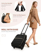 Rolling Puffer Backpack for Women, Travel Backpack with Wheels, 16 Inch Wheeled Laptop Backpck, Dual-Opening Design Overnight College Underseat Carry on Luggage, Roller Business Work Bag, Black - color: Black