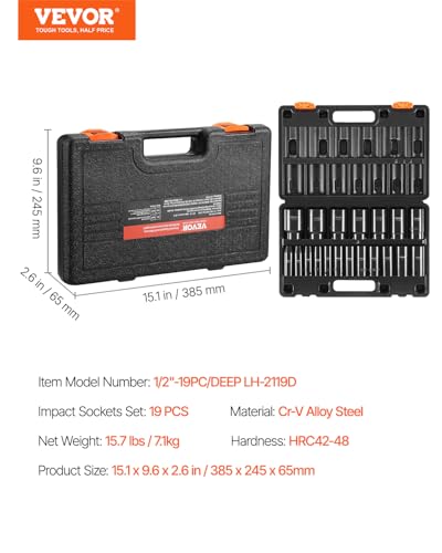 VEVOR Impact Socket Set, 1/2" 19 Piece Impact Sockets, Deep Socket, 6-Point Sockets, 1/2 Inches Drive Socket Set Impact 3/8 inch - 1-1/2 inch, Cr-V Rugged Construction, with a Storage Cage - size: 1/2" 19 PCS