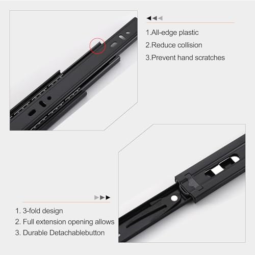18 inch Drawer Slides 6 Pairs (12pcs) Full Extension Ball Bearing Drawer Rails Side Mount 3 fold Metal Dresser Runners for File Cabinet Trash Can Kitchen Wardrobe Glides 18" Black 100 LB Capacity - size: 18inch(450mm)