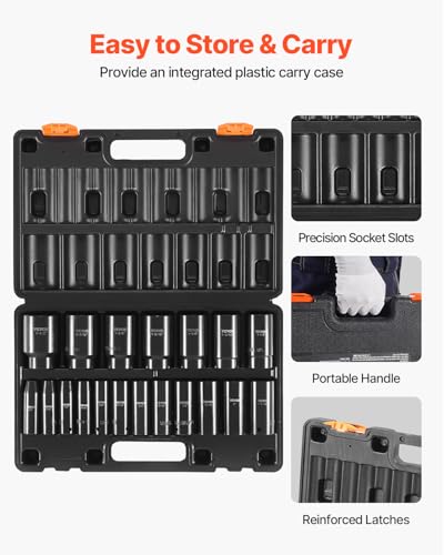 VEVOR Impact Socket Set, 1/2" 19 Piece Impact Sockets, Deep Socket, 6-Point Sockets, 1/2 Inches Drive Socket Set Impact 3/8 inch - 1-1/2 inch, Cr-V Rugged Construction, with a Storage Cage - size: 1/2" 19 PCS